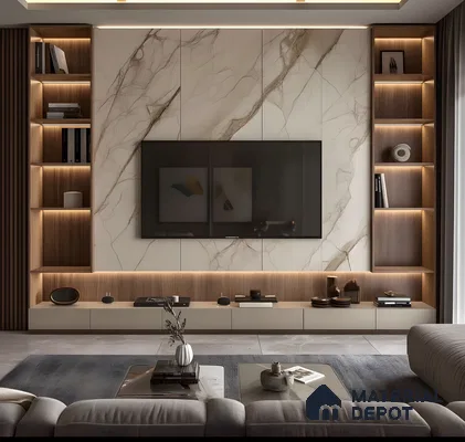 Modern Marble Tv Wall With Warm Wooden Niches And Ambient Lighting | Material Depot