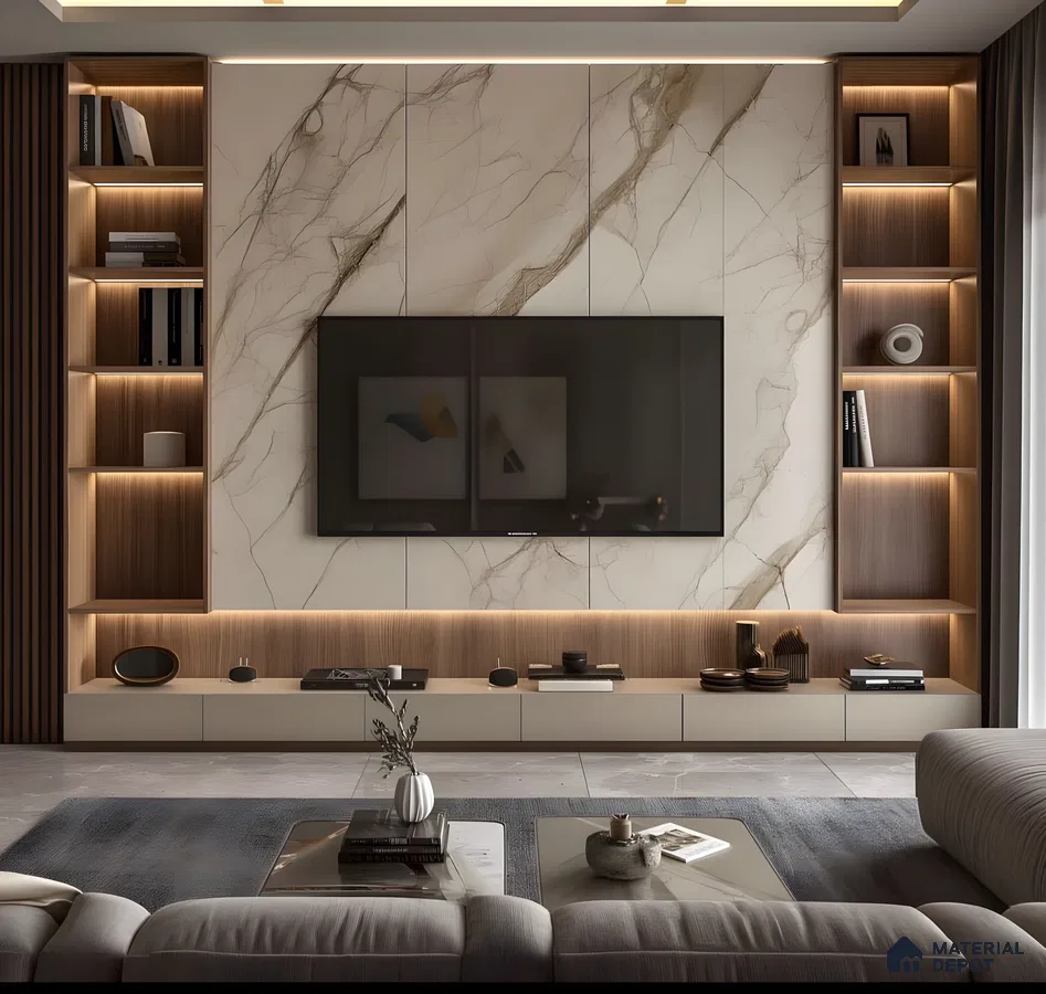 Modern Marble Tv Wall With Warm Wooden Niches And Ambient Lighting | Material Depot