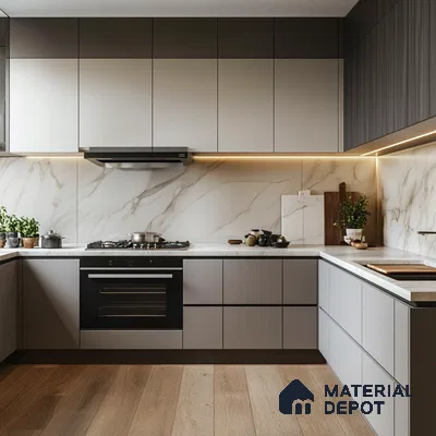 Modern Mastery: Contemporary Kitchen Design Featuring Marble Wall and Contrasting Cabinet Finishes | Material Depot