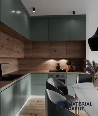 Modern Matte Green And Wood L-Shaped Kitchen With Ambient Lighting | Material Depot