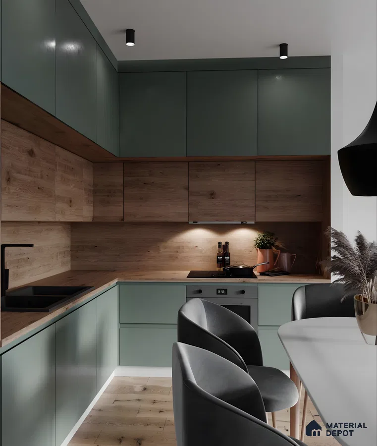 Modern Matte Green And Wood L-Shaped Kitchen With Ambient Lighting | Material Depot