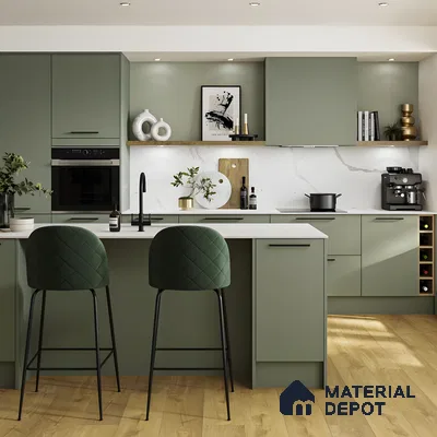 Modern Matte Green Kitchen With Marble Backsplash And Wooden Flooring | Material Depot