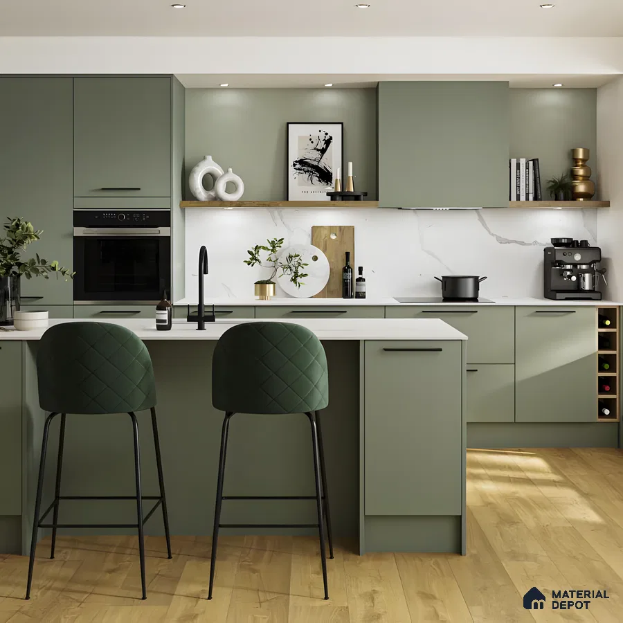 Modern Matte Green Kitchen With Marble Backsplash And Wooden Flooring | Material Depot