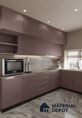 Modern Mauve Modular Kitchen With Marble Finish Flooring And Sleek Cabinets | Material Depot