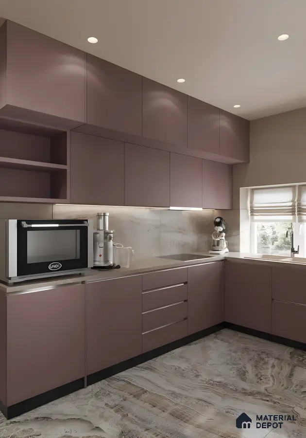 Modern Mauve Modular Kitchen With Marble Finish Flooring And Sleek Cabinets | Material Depot