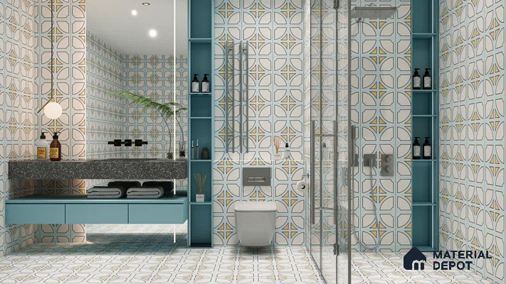 Modern Mediterranean-Style Bathroom with Blue and Mustard Geometric Tiles | Material Depot