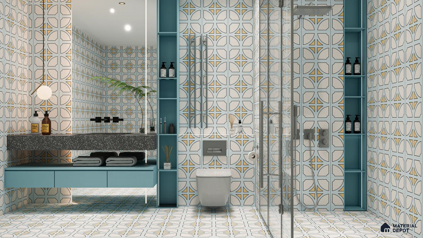 Modern Mediterranean-Style Bathroom with Blue and Mustard Geometric Tiles | Material Depot