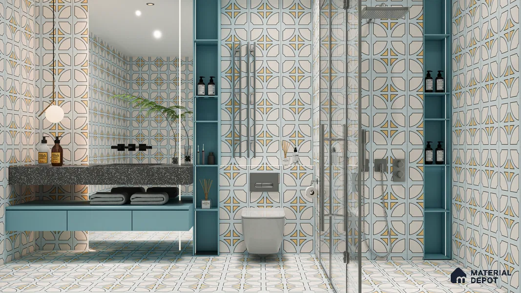 Moroccan Floor & Wall Tile TL 05084 Morissa Light Blue Cross 1 ft x 1 ft Ceramic Matte Finish - 9 mm | Suitable for Bathroom, Kitchen, Balcony | Please Expect a Slight Variation of Pattern