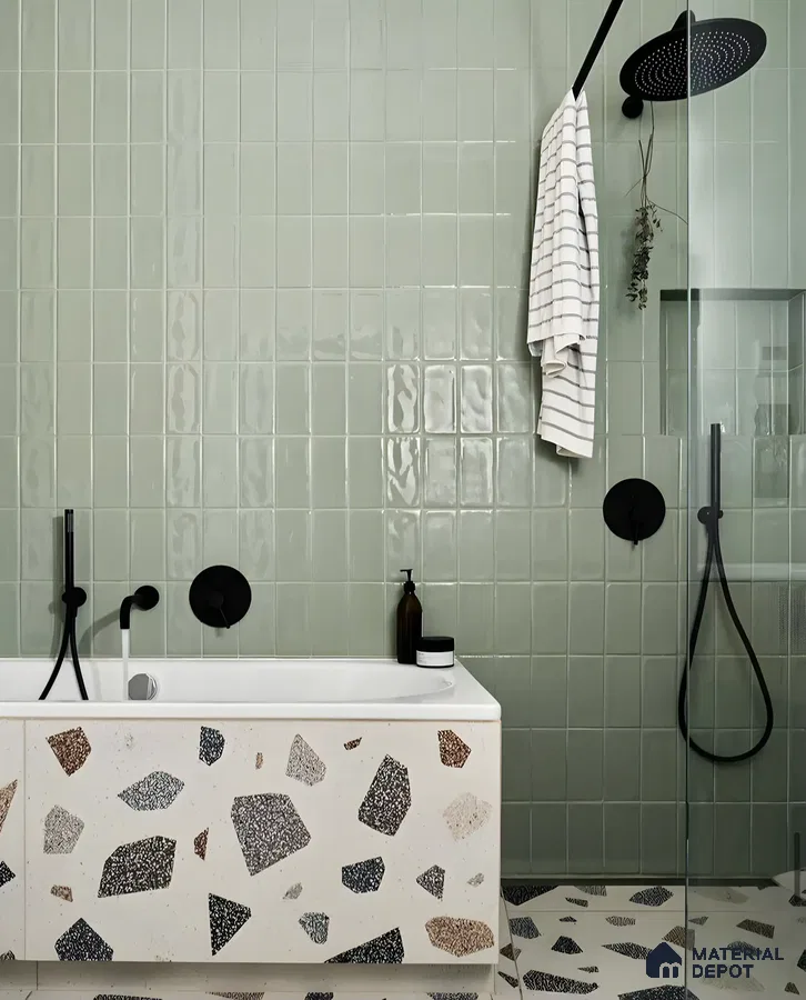Modern Minimalism: Terrazzo Charm and Soft Sage Tiles | Material Depot