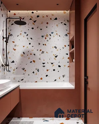 Modern Minimalist Bathroom Featuring Coral and Terrazzo Elegance | Material Depot