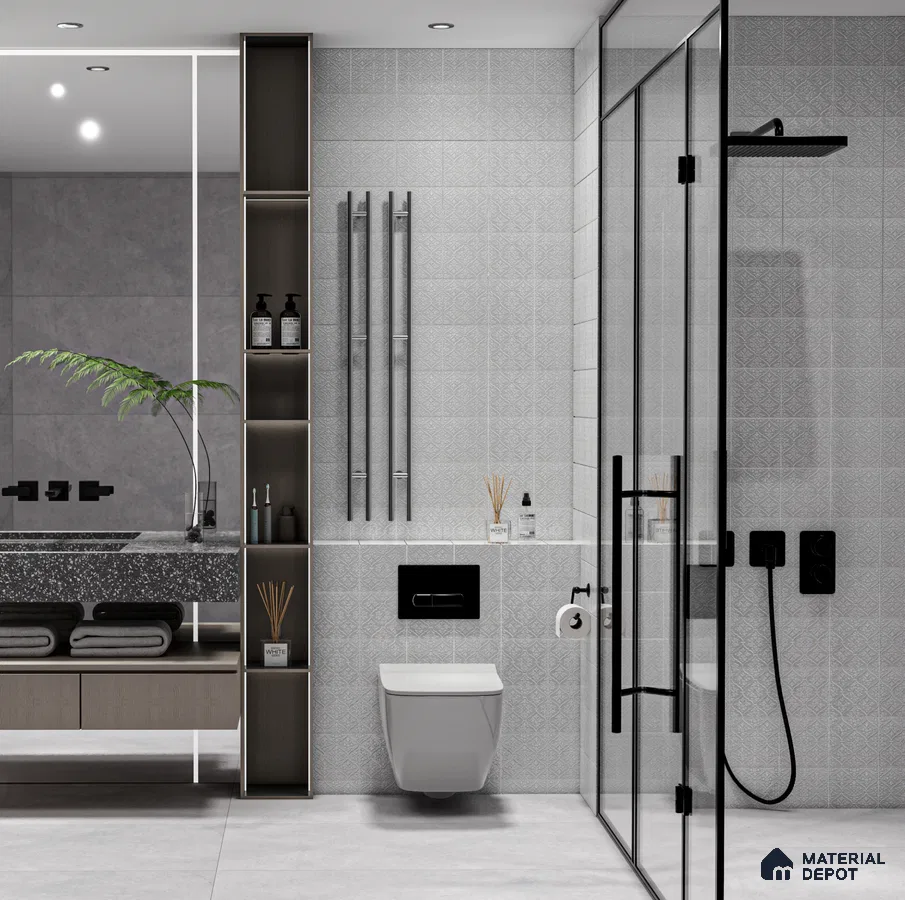 Modern Minimalist Bathroom with Handcrafted Highlighter Tiles and Black Accents | Material Depot