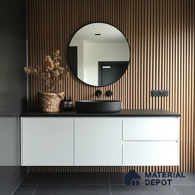 Modern Minimalist Bathroom with Wood Slat Wall and Black Accents | Material Depot
