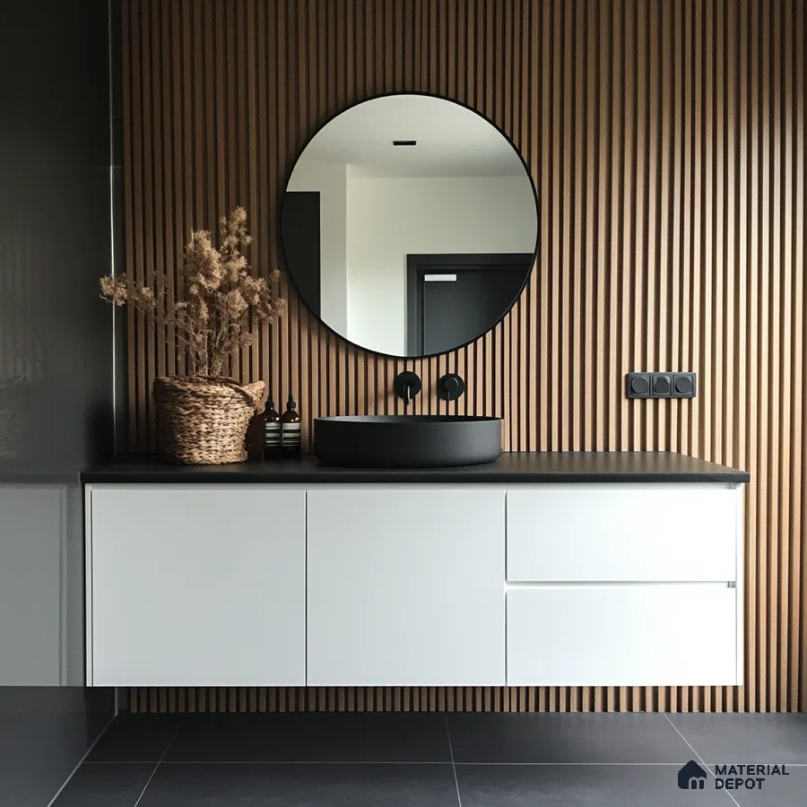 Modern Minimalist Bathroom with Wood Slat Wall and Black Accents | Material Depot