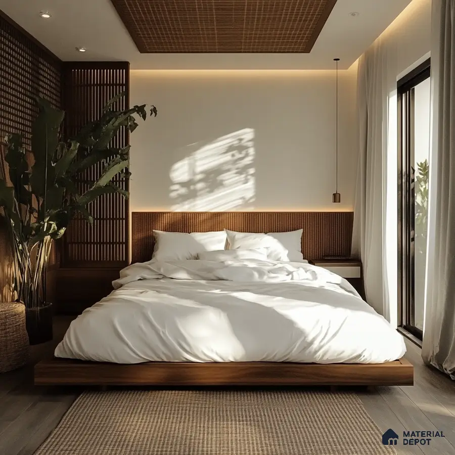 Modern Minimalist Bedroom Design with Integrated Wardrobe and Warm Lighting Brigade Nanda Heights Padmanabhanagar | Material Depot