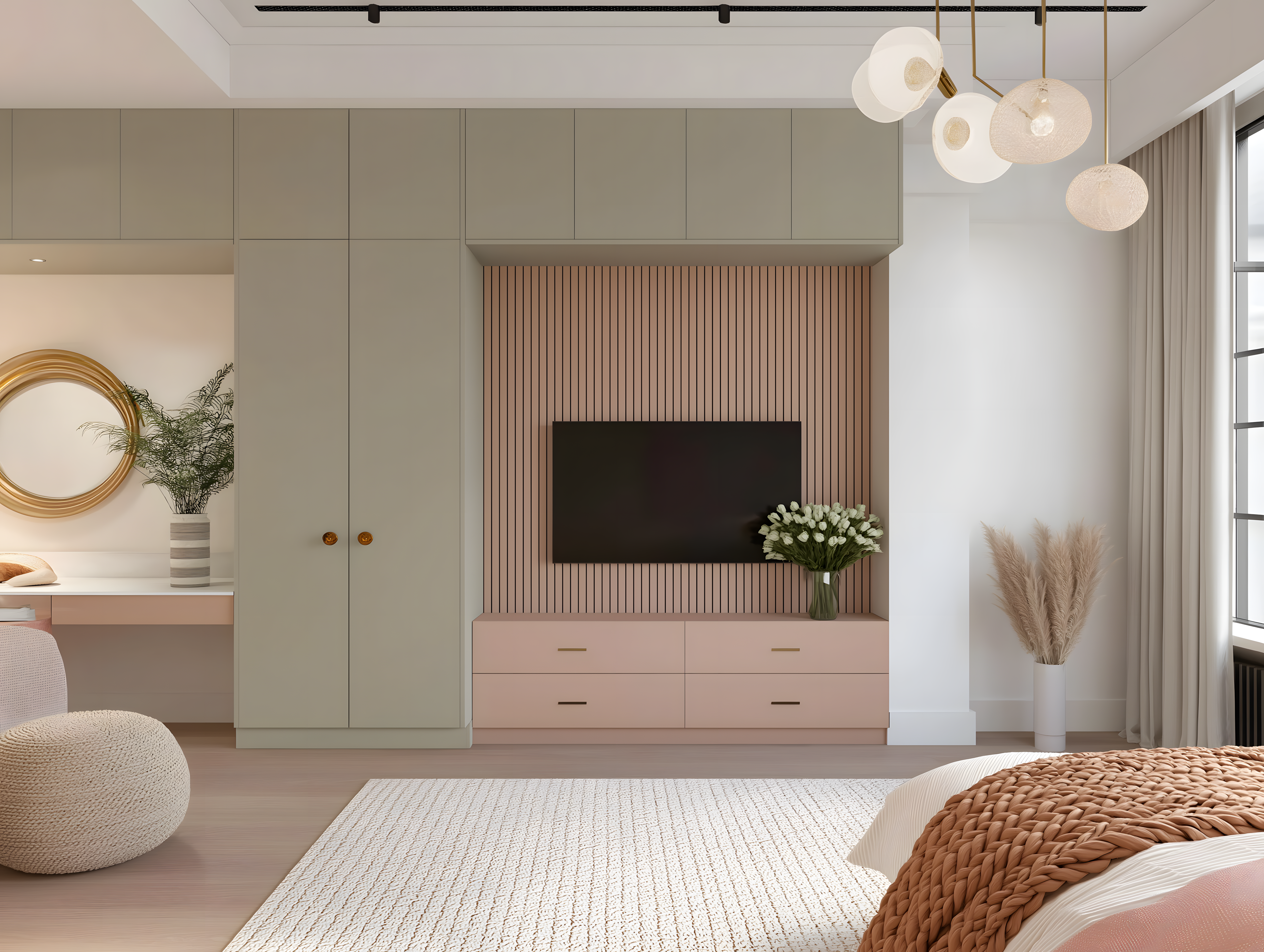Modern Minimalist Bedroom With Pastel Pink And Sage Green Wardrobes Slatted Wood Accent Wall And Cozy Natural Textures 9C4Fb17D32 | Material Depot