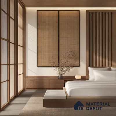 Modern Minimalist Bedroom Design with Rattan Wall Feature and Platform Bed Sobha Windsor Whitefield | Material Depot