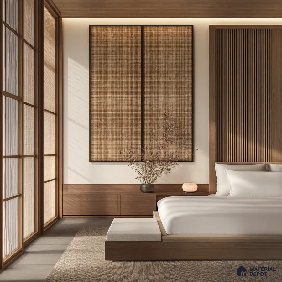Modern Minimalist Bedroom Design with Rattan Wall Feature and Platform Bed Sobha Windsor Whitefield | Material Depot