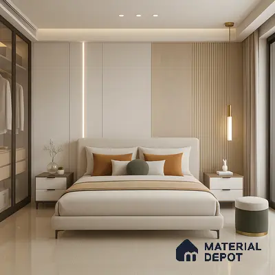 Modern Minimalist Bedroom with Warm Accents and Fluted Panel Detailing in 2 bhk prestige lakeside, whitefield | Material Depot