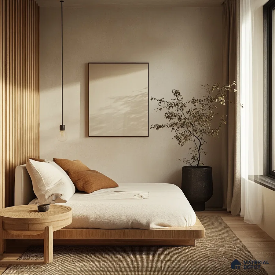 Modern Minimalist Bedroom Design with WPC Panel and Wooden Flooring Birla Evara Sarjapur Road | Material Depot
