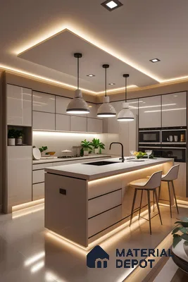 Modern Minimalist Bohemian Kitchen In High-Gloss Acrylic With Quartz Island And Led Mood Lighting | Material Depot