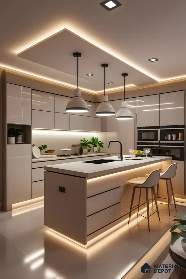 Modern Minimalist Bohemian Kitchen In High-Gloss Acrylic With Quartz Island And Led Mood Lighting | Material Depot