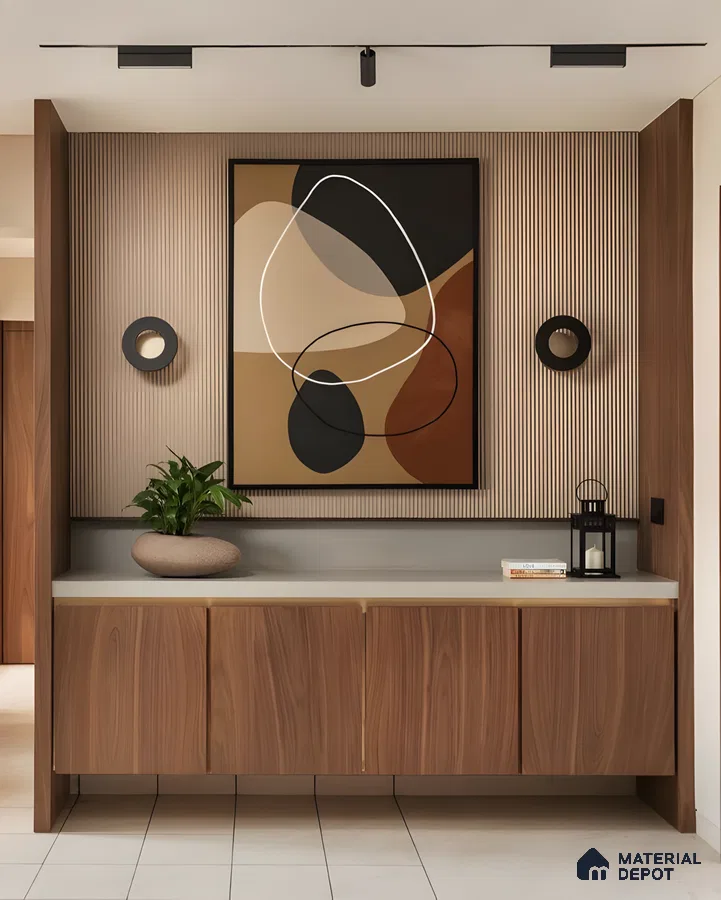 Modern Minimalist Console With Fluted Wall Panels And Walnut Veneer Cabinetry 5F1Aab3518 | Material Depot