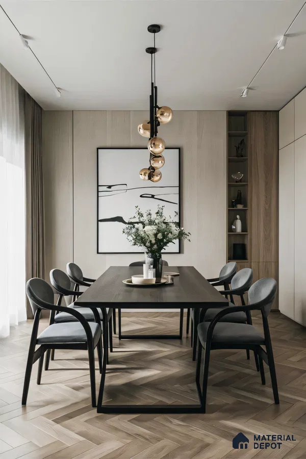 Modern Minimalist Dining Room with Geometric Pendant Light and Herringbone Flooring | Material Depot