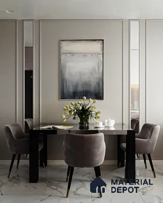 Modern Minimalist Dining Room with Geometric Wall Panels and Velvet Chairs | Material Depot
