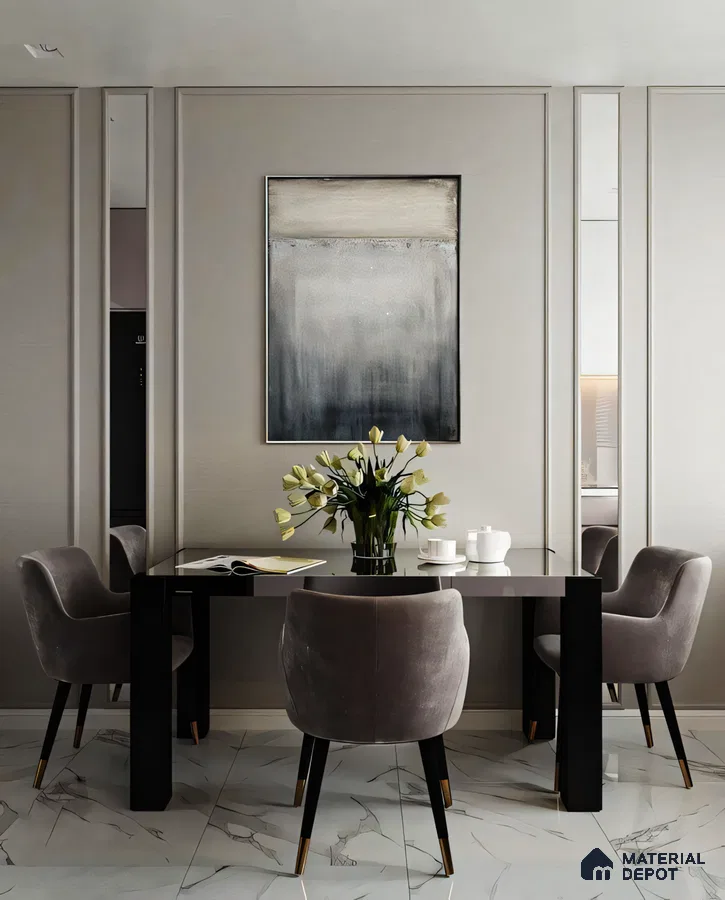 Modern Minimalist Dining Room with Geometric Wall Panels and Velvet Chairs | Material Depot