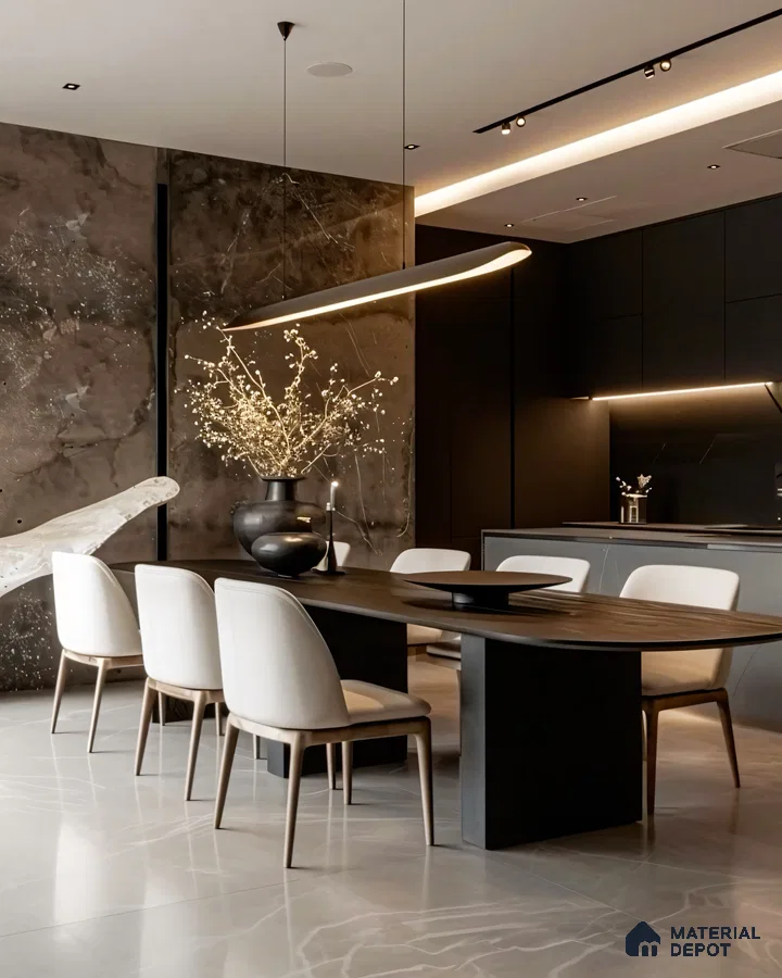 Modern Minimalist Dining Room with Rectangular Table and Marble Wall | Material Depot