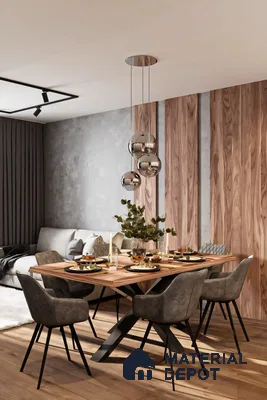 Modern Minimalist Dining Room with Rectangular Table and Pendant Lighting | Material Depot