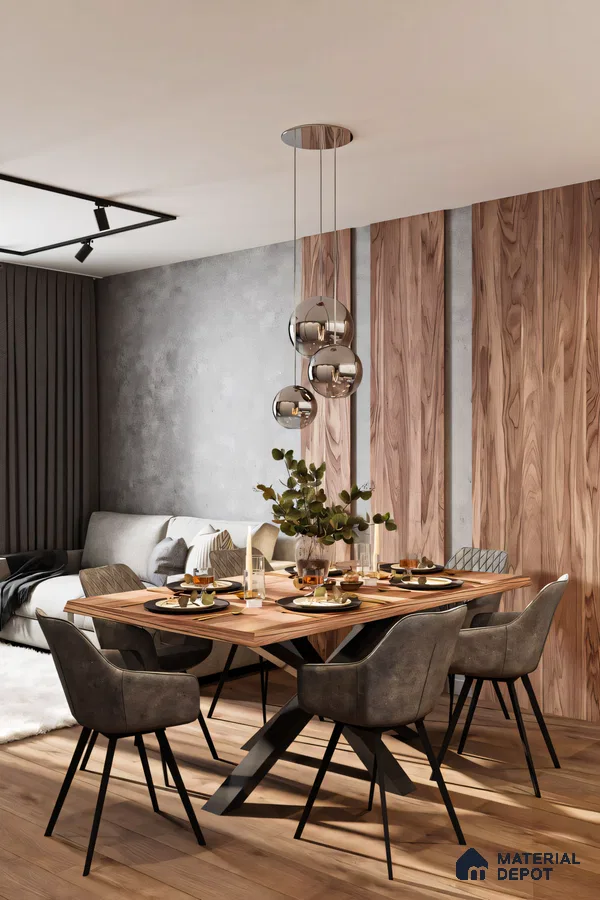 Modern Minimalist Dining Room with Rectangular Table and Pendant Lighting | Material Depot