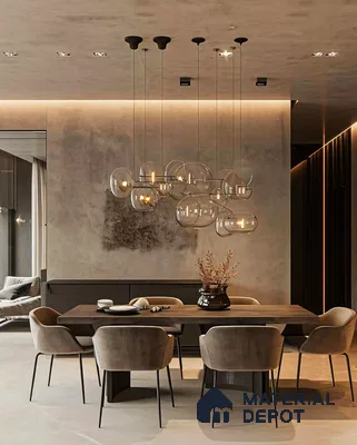 Modern Minimalist Dining Room with Rectangular Table and Pendant Lighting | Material Depot