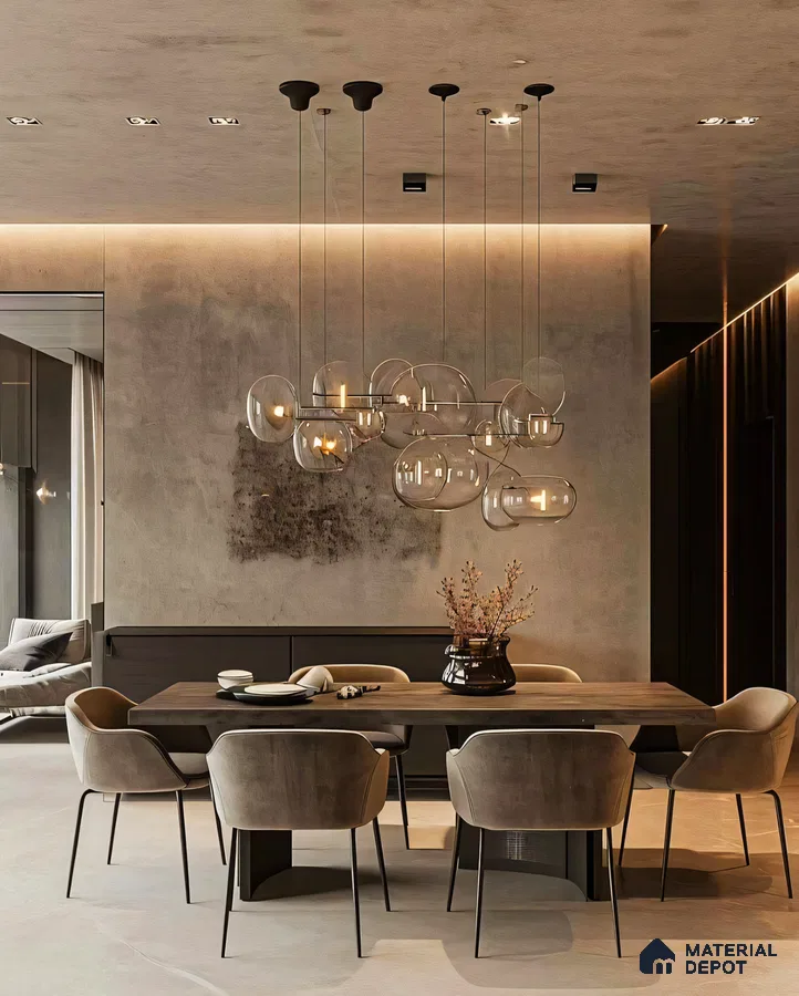 Modern Minimalist Dining Room with Rectangular Table and Pendant Lighting | Material Depot