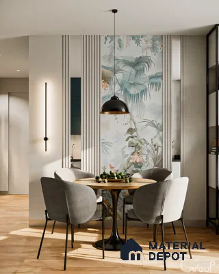 Modern Minimalist Dining Room with Tropical Wall Mural and Gray Chairs | Material Depot