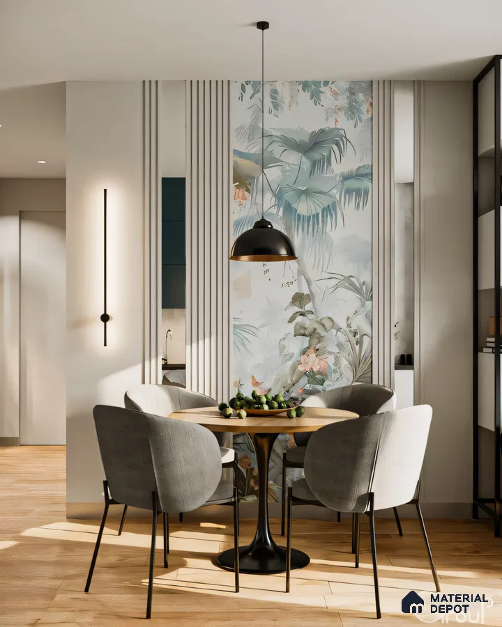 Modern Minimalist Dining Room with Tropical Wall Mural and Gray Chairs | Material Depot