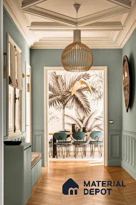 Modern Minimalist Dining Room with Tropical Wallpaper and Teal Chairs | Material Depot