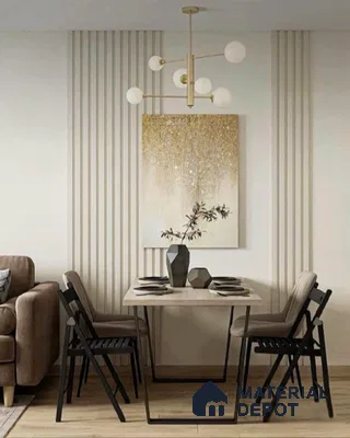 Modern Minimalist Dining Room with Vertical Wall Paneling and Black Chairs | Material Depot