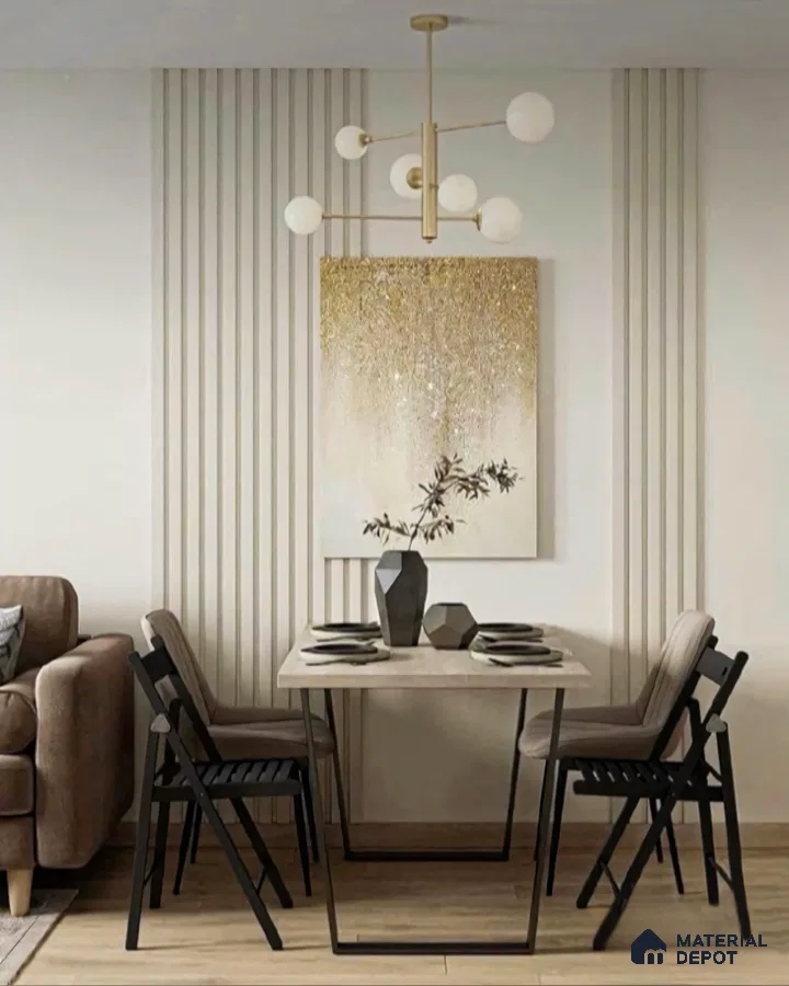Modern Minimalist Dining Room with Vertical Wall Paneling and Black Chairs | Material Depot