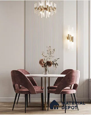 Modern Minimalist Dining Room with Vertical Wall Paneling and Velvet Chairs | Material Depot