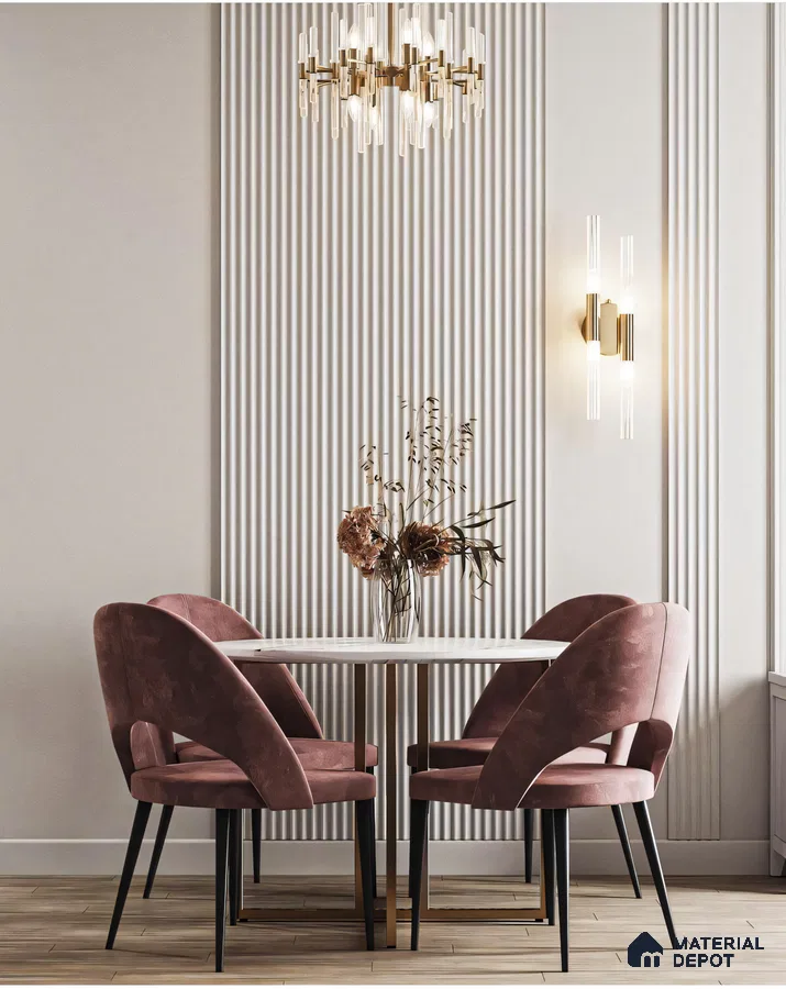 Modern Minimalist Dining Room with Vertical Wall Paneling and Velvet Chairs | Material Depot
