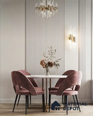 Modern Minimalist Dining Room with Vertical Wall Paneling and Velvet Chairs | Material Depot