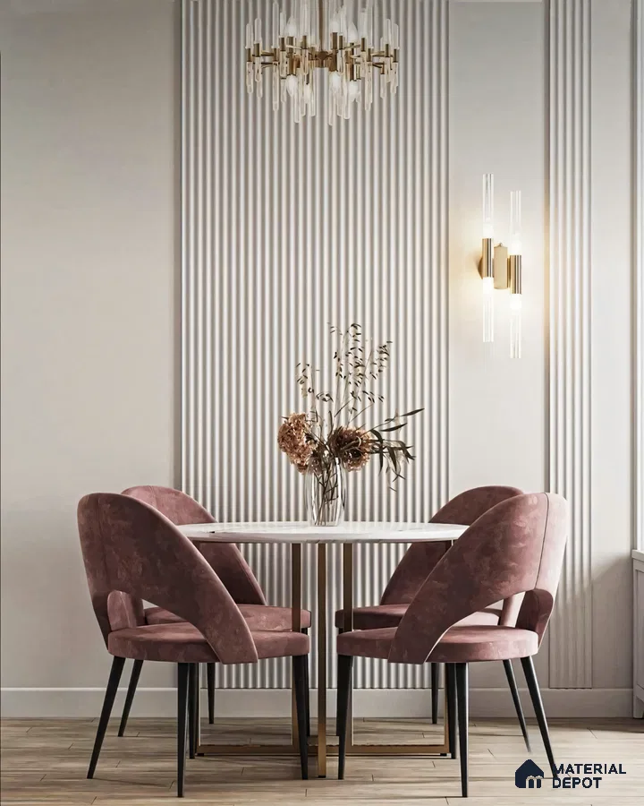 Modern Minimalist Dining Room with Vertical Wall Paneling and Velvet Chairs | Material Depot