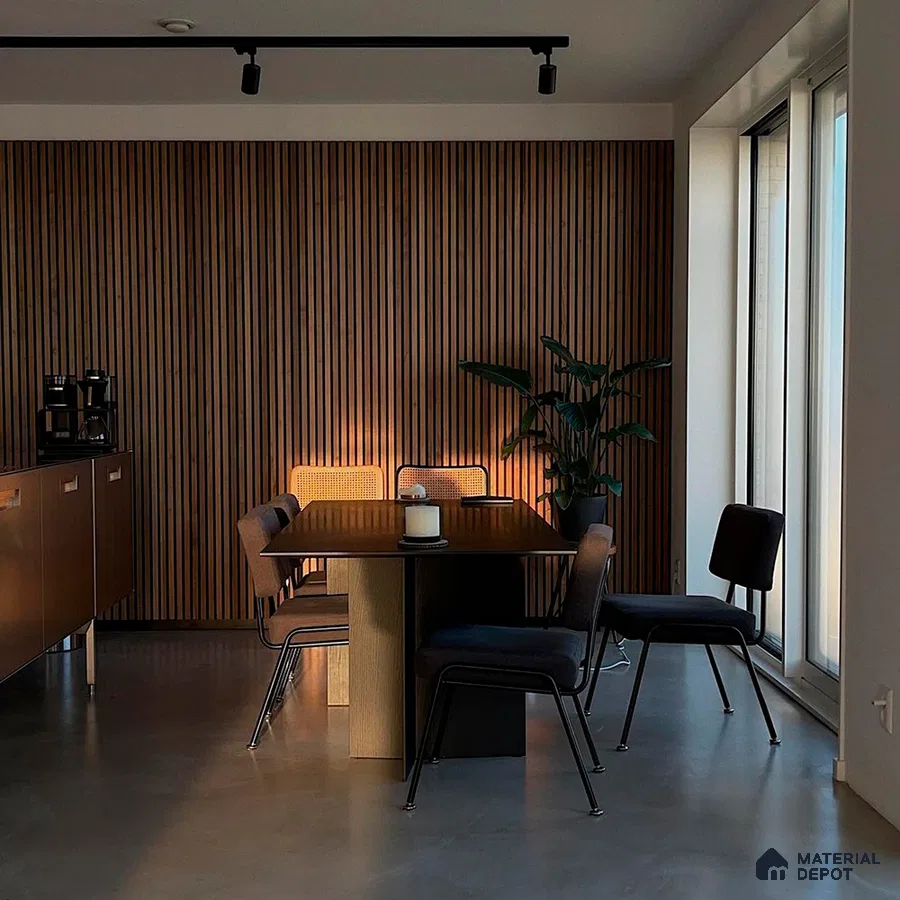Modern Minimalist Dining Room with Wood Paneling and Pendant Lighting | Material Depot