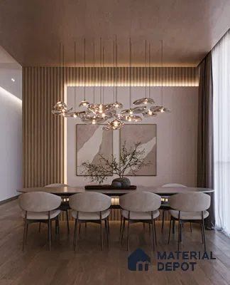 Modern Minimalist Dining Room with Wood Paneling and Pendant Lighting | Material Depot