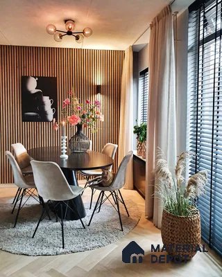 Modern Minimalist Dining Room with Wood Paneling and Pendant Lighting | Material Depot