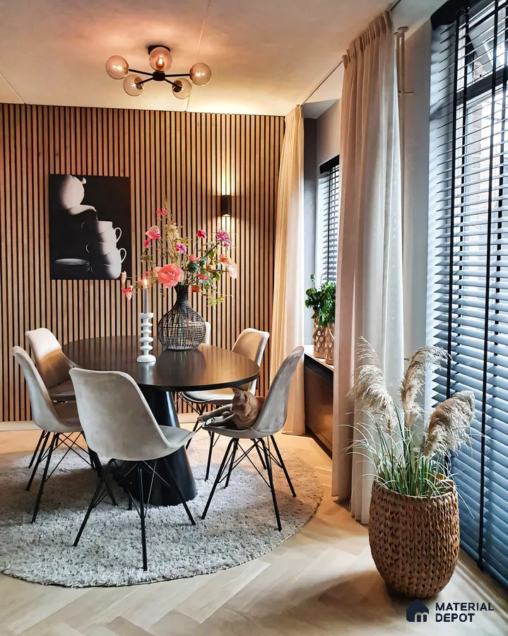 Modern Minimalist Dining Room with Wood Paneling and Pendant Lighting | Material Depot