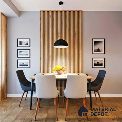 Modern Minimalist Dining Room with Wooden Wall Paneling and Mix-and-Match Chairs | Material Depot