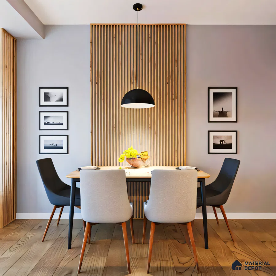 Modern Minimalist Dining Room with Wooden Wall Paneling and Mix-and-Match Chairs | Material Depot