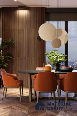 Modern Minimalist Dining Room with Wooden Wall Paneling and Orange Chairs | Material Depot